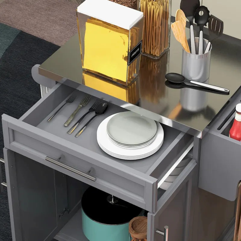 Rolling Kitchen Cart with Stainless Steel Countertop, Drawer, Towel Rack and Spice Rack