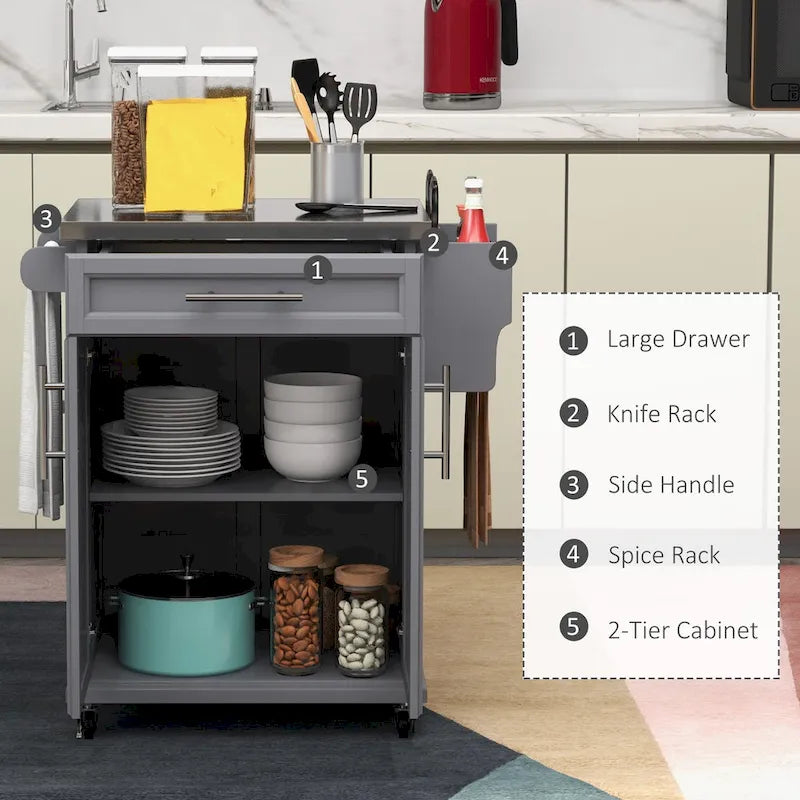 Rolling Kitchen Cart with Stainless Steel Countertop, Drawer, Towel Rack and Spice Rack