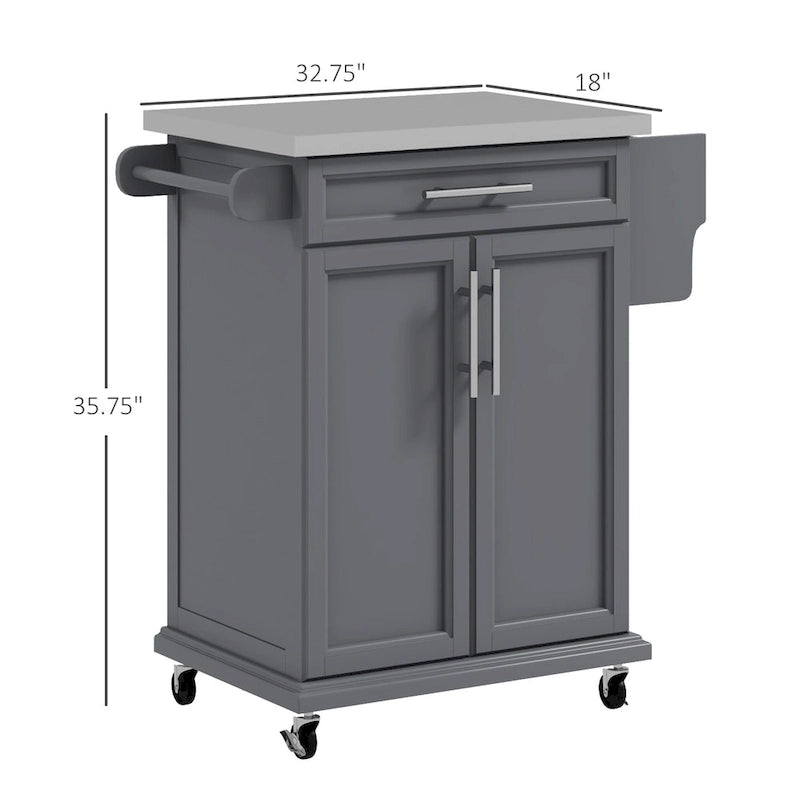 Rolling Kitchen Cart with Stainless Steel Countertop, Drawer, Towel Rack and Spice Rack