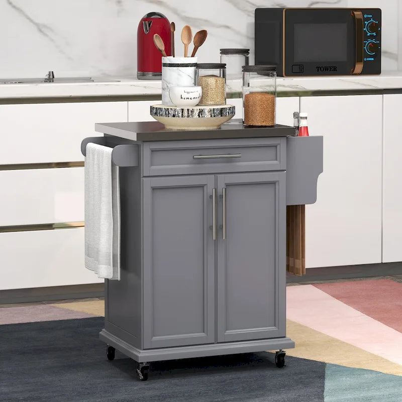 Rolling Kitchen Cart with Stainless Steel Countertop, Drawer, Towel Rack and Spice Rack