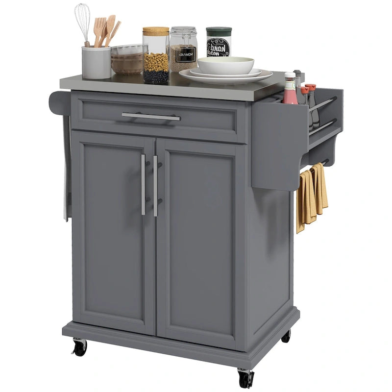 Rolling Kitchen Cart with Stainless Steel Countertop, Drawer, Towel Rack and Spice Rack