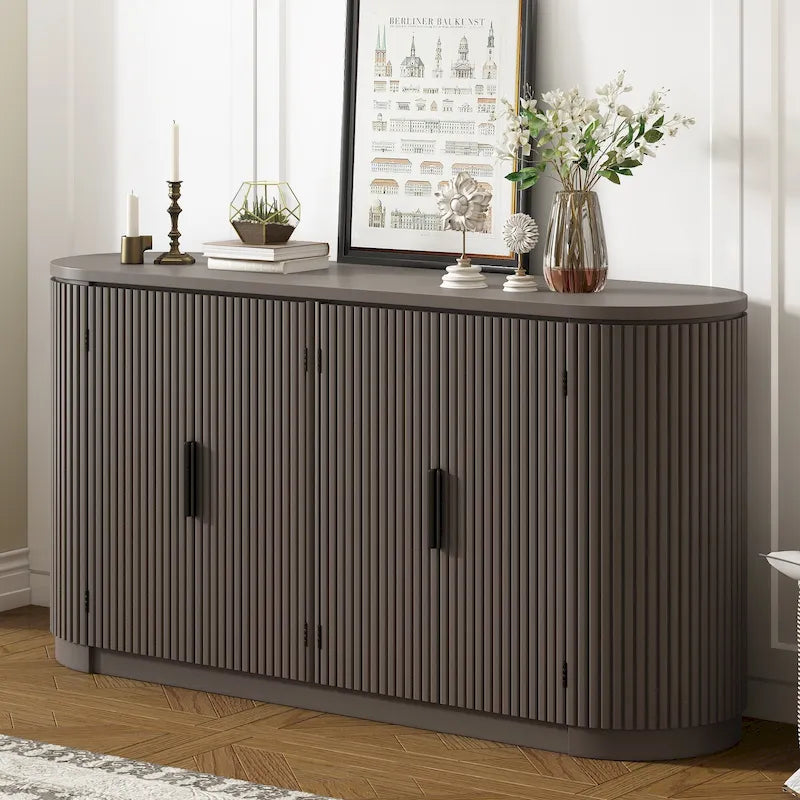 Storage Cabinet with 4 Vertical Striped Doors and Metal Handles