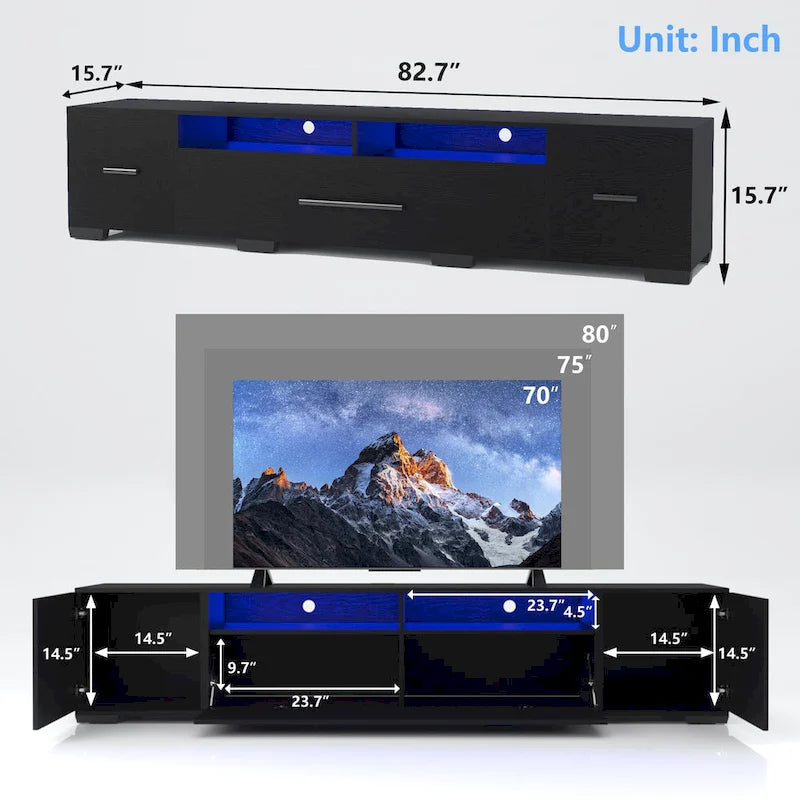 TV-Konsole mit 83", RGB-LED-Leuchten und Stauraum – für Fernseher bis 80"