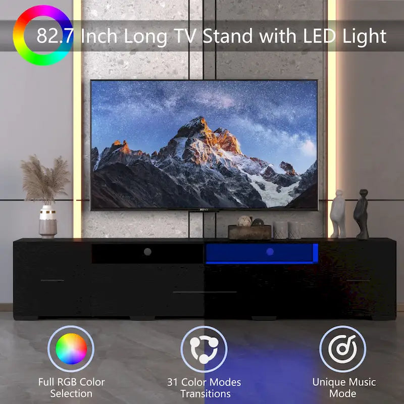 TV-Konsole mit 83", RGB-LED-Leuchten und Stauraum – für Fernseher bis 80"