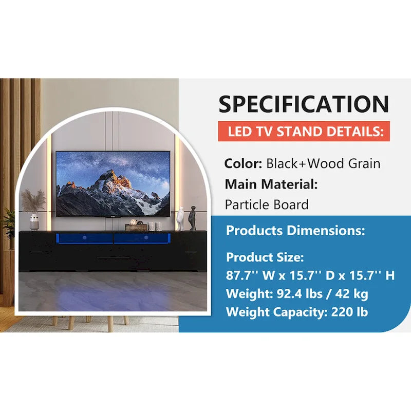 TV-Konsole mit 83", RGB-LED-Leuchten und Stauraum – für Fernseher bis 80"