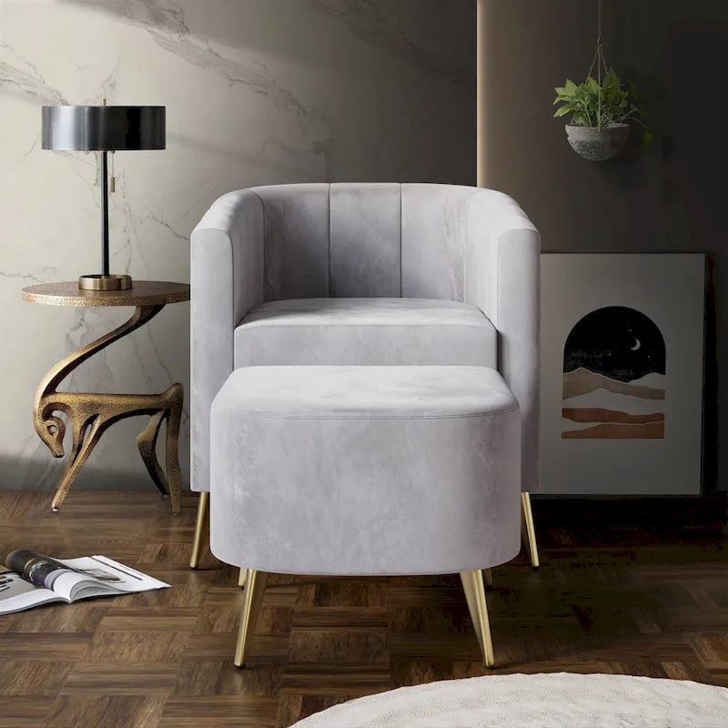 Modern Soft Velvet Upholstered Accent Chair with Ottoman