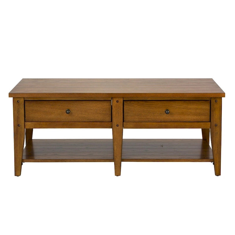 Oak Cocktail Table with Planked Top and Drawer Storage