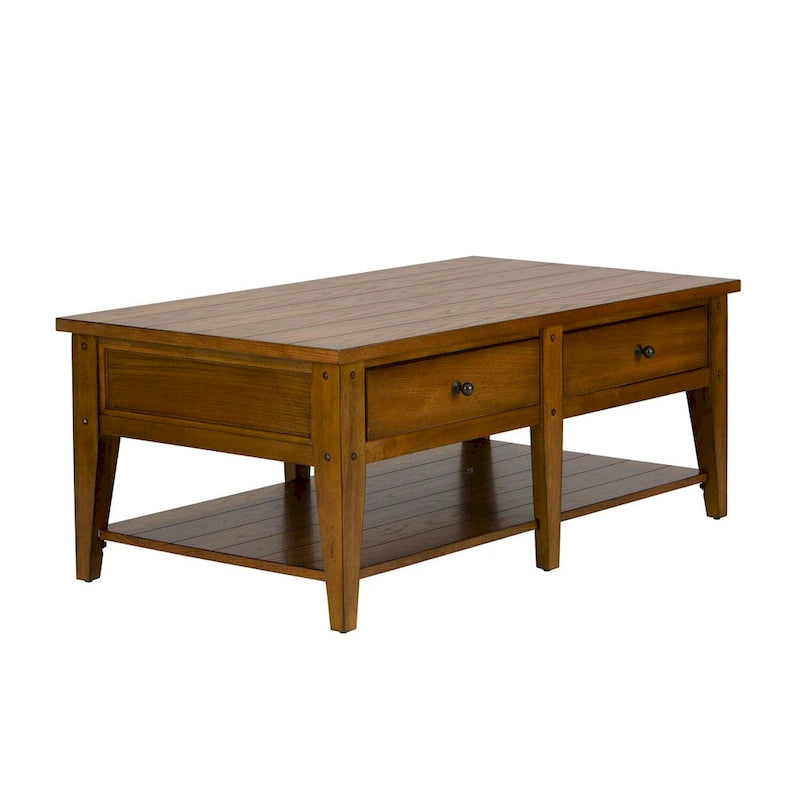 Oak Cocktail Table with Planked Top and Drawer Storage