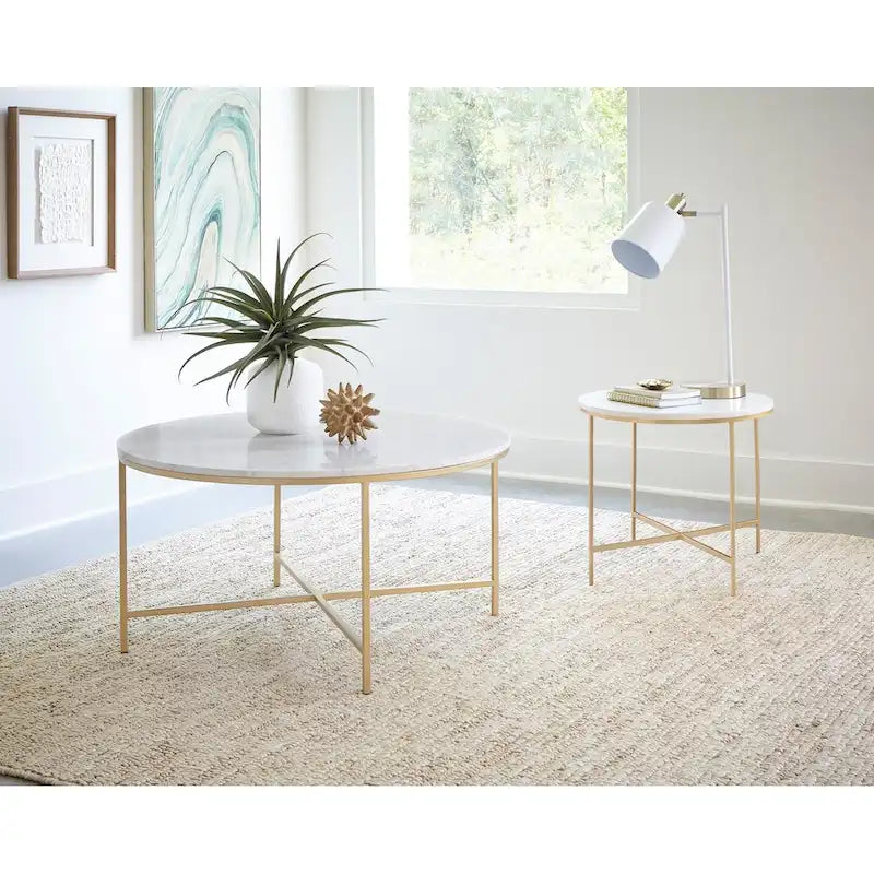 Round Faux Marble Top End Table with Metal Legs
