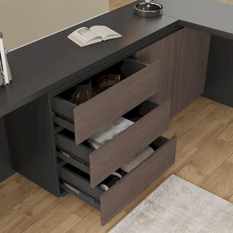 L-Shaped Home Office Desk with Drawers and Storage Cabinet