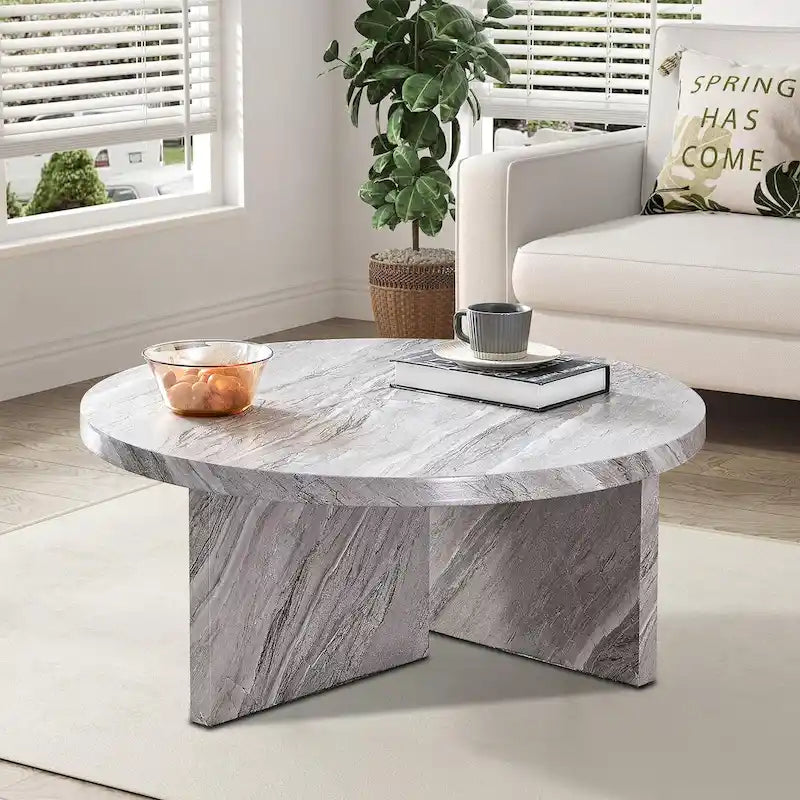 Round Wood Coffee Table with Marble-Look Veneer