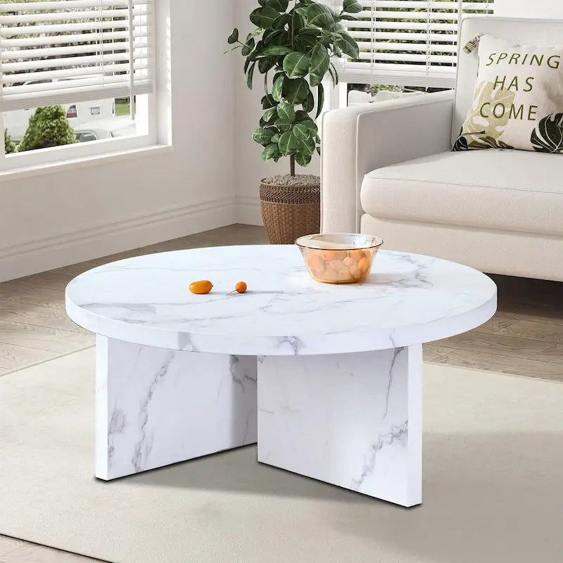 Round Wood Coffee Table with Marble-Look Veneer
