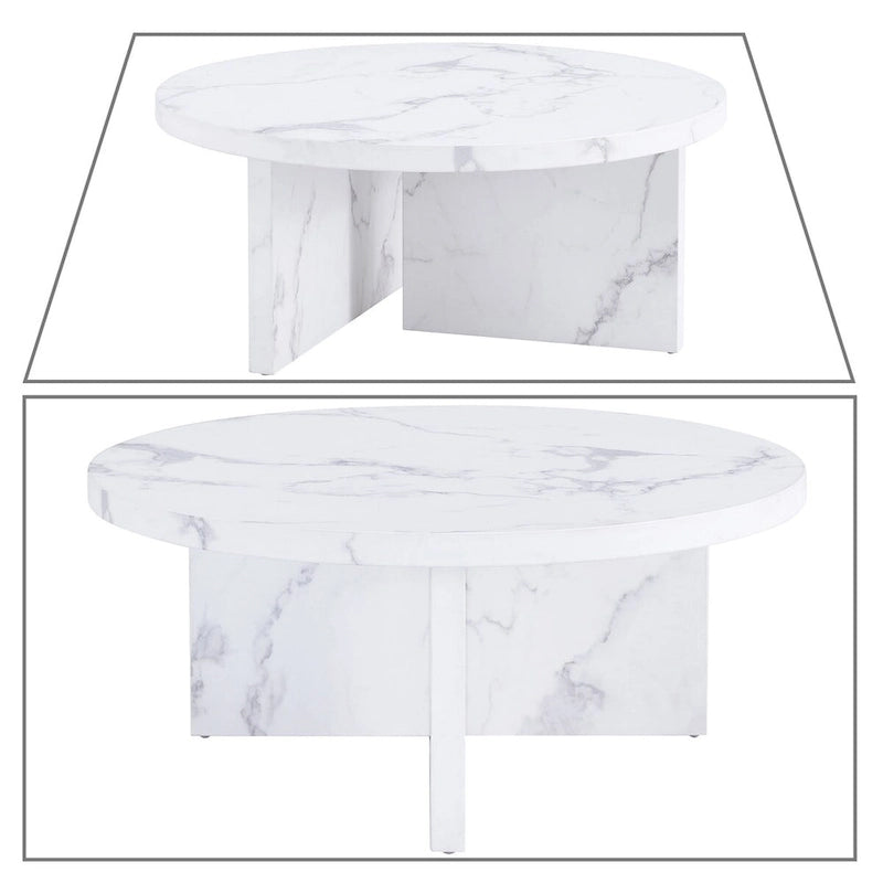 Round Wood Coffee Table with Marble-Look Veneer