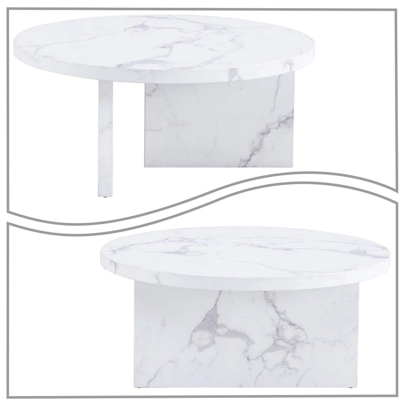 Round Wood Coffee Table with Marble-Look Veneer