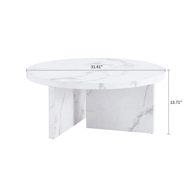 Round Wood Coffee Table with Marble-Look Veneer