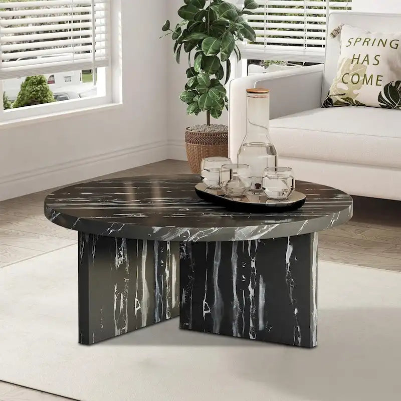 Round Wood Coffee Table with Marble-Look Veneer