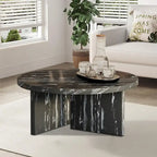 Round Wood Coffee Table with Marble-Look Veneer