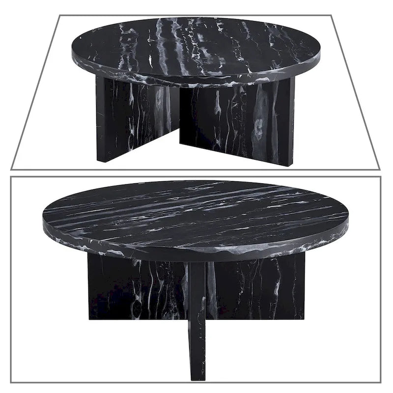 Round Wood Coffee Table with Marble-Look Veneer