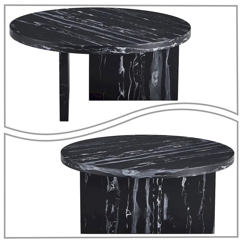 Round Wood Coffee Table with Marble-Look Veneer