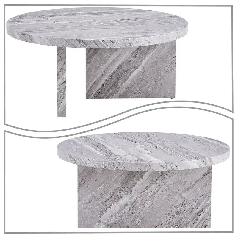 Round Wood Coffee Table with Marble-Look Veneer