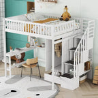 Full Loft Beds Stairway Loft Bed Frame with Wardrobe, Desk, Bookshelf and Drawers