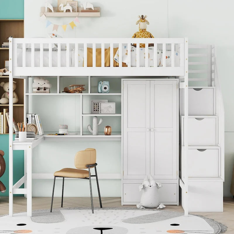 Full Loft Bed Frame with Stairway, Wardrobe, Desk, Bookshelf and Drawers