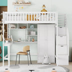 Full Loft Bed Frame with Stairway, Wardrobe, Desk, Bookshelf and Drawers
