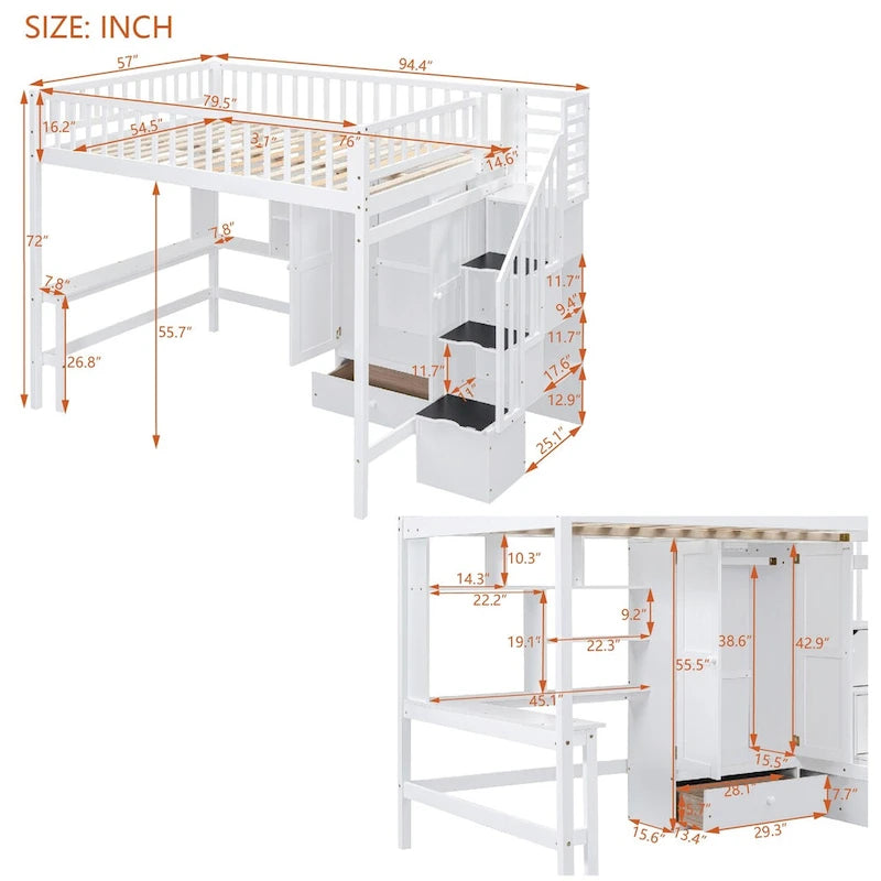 Full Loft Bed Frame with Stairway, Wardrobe, Desk, Bookshelf and Drawers