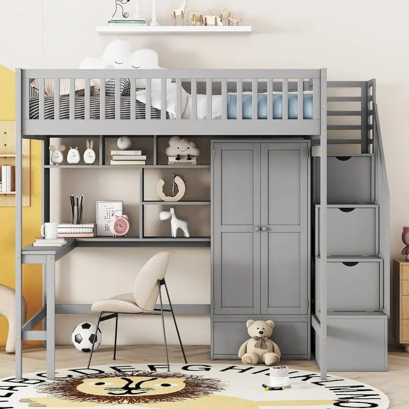 Full Loft Bed Frame with Stairway, Wardrobe, Desk, Bookshelf and Drawers