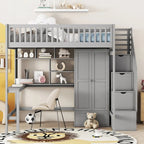 Full Loft Bed Frame with Stairway, Wardrobe, Desk, Bookshelf and Drawers