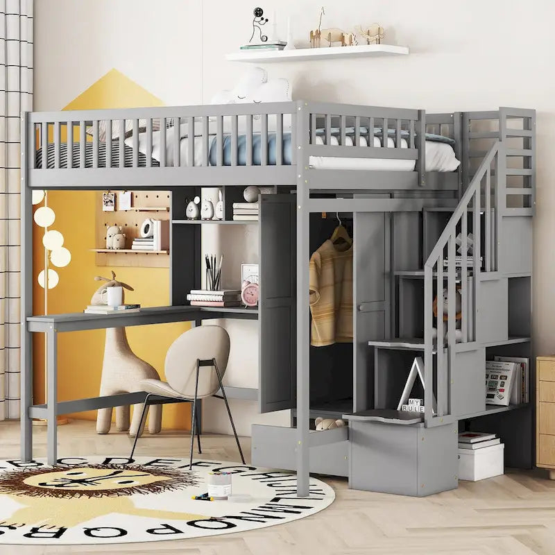 Full Loft Bed Frame with Stairway, Wardrobe, Desk, Bookshelf and Drawers