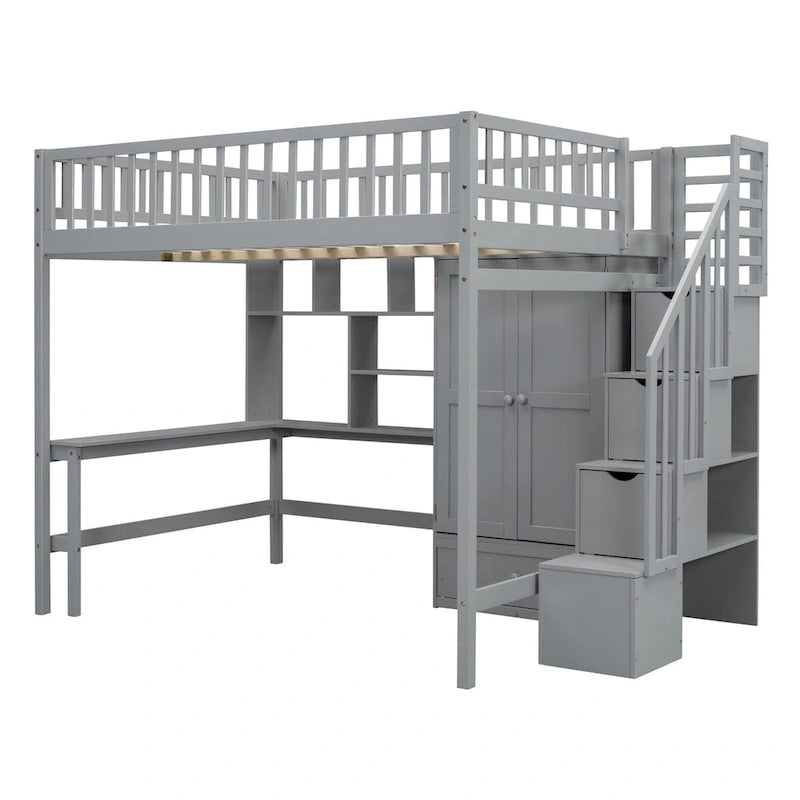 Full Loft Bed Frame with Stairway, Wardrobe, Desk, Bookshelf and Drawers