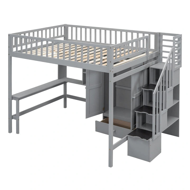 Full Loft Bed Frame with Stairway, Wardrobe, Desk, Bookshelf and Drawers
