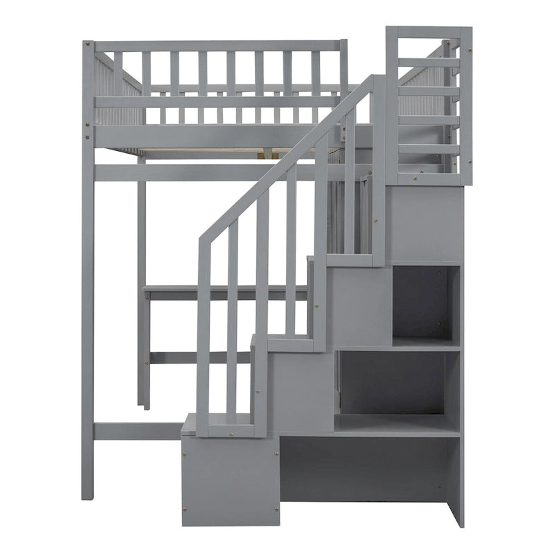 Full Loft Bed Frame with Stairway, Wardrobe, Desk, Bookshelf and Drawers