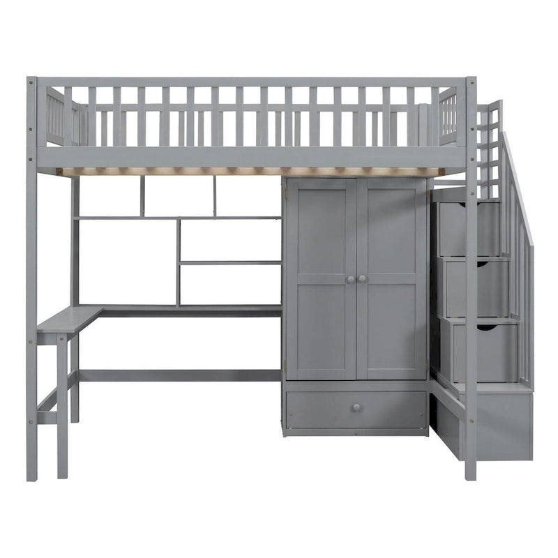 Full Loft Bed Frame with Stairway, Wardrobe, Desk, Bookshelf and Drawers