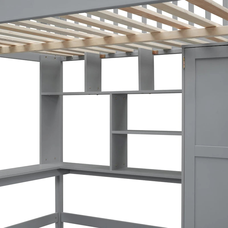 Full Loft Bed Frame with Stairway, Wardrobe, Desk, Bookshelf and Drawers