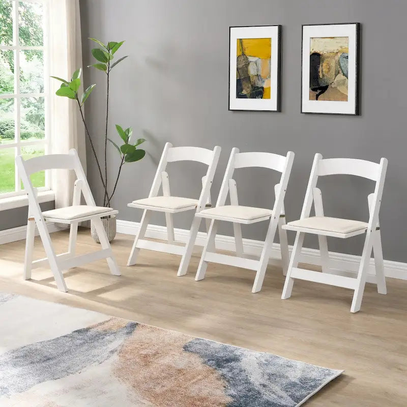 Upholstered Folding Chair Set of 4 - PU Leather Cushion, Solid Wood Frame